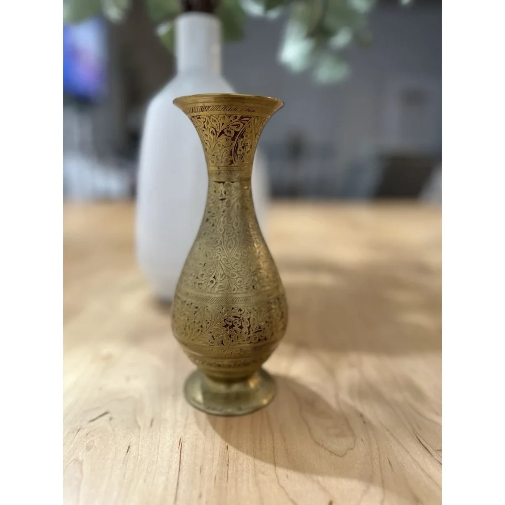 Vintage Brass Indian Vase Intricate Etched Floral Design Red Enamel 8 Inch